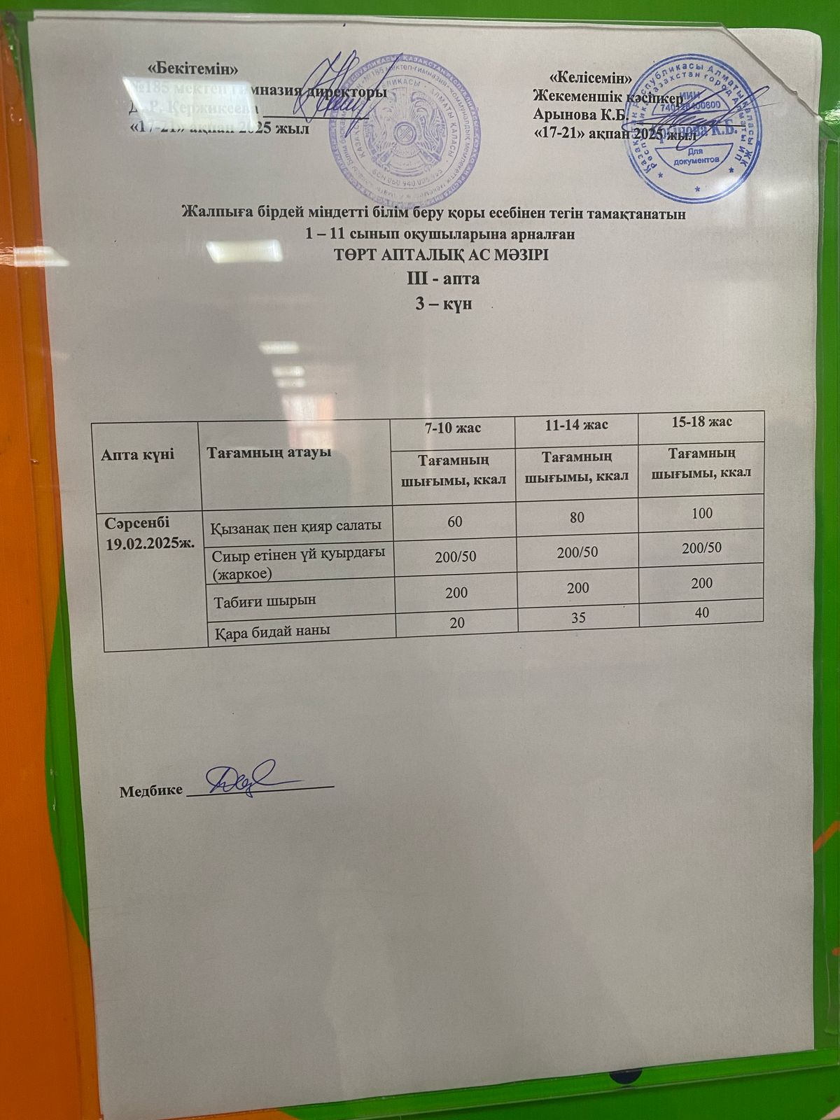 Ас мәзірі IІІ апта 3 күні