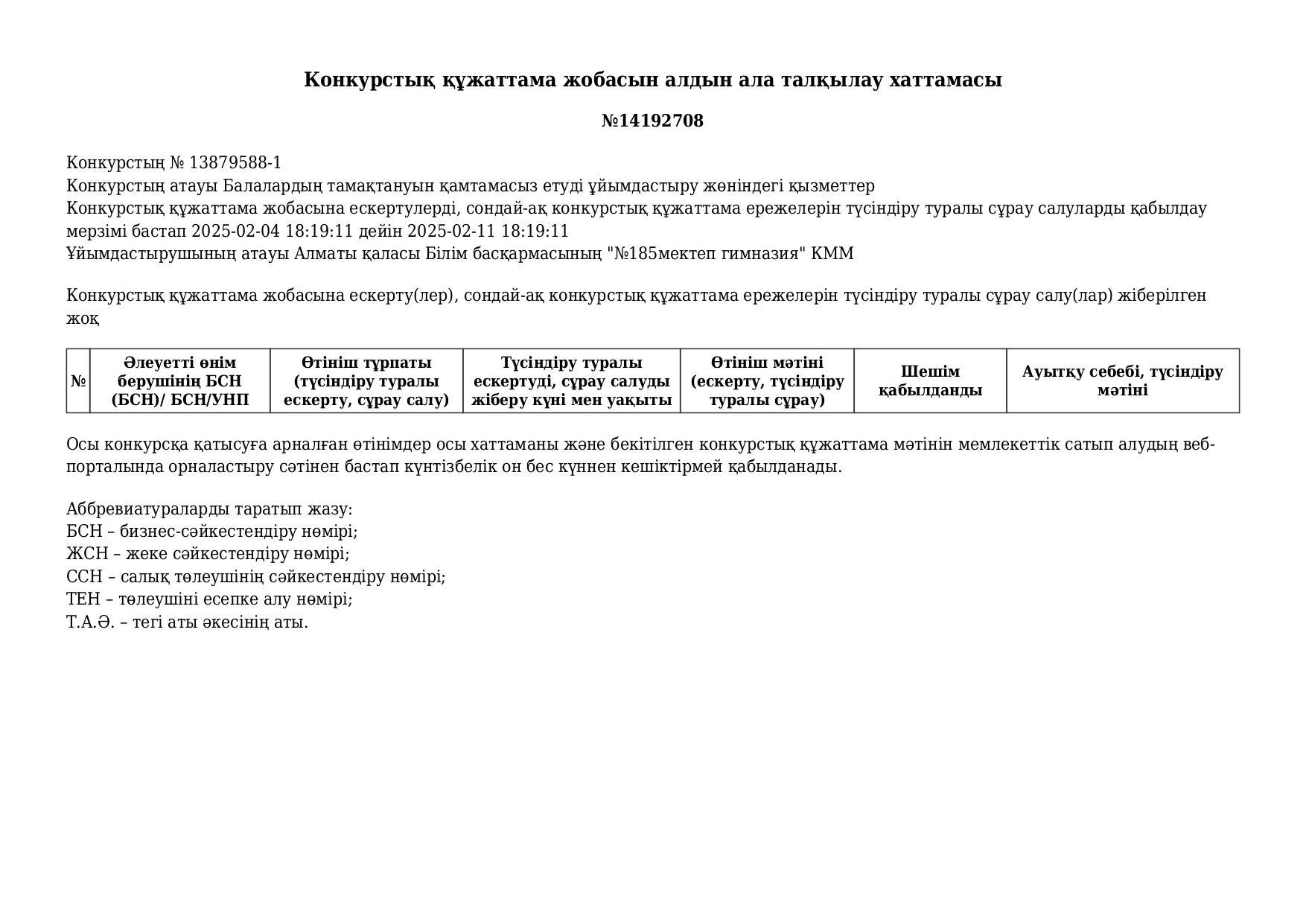 КОНКУРСТЫҚ ҚҰЖАТТАМА ЖОБАСЫН АЛДЫН АЛА ТАЛҚЫЛАУ ХАТТАМАСЫ